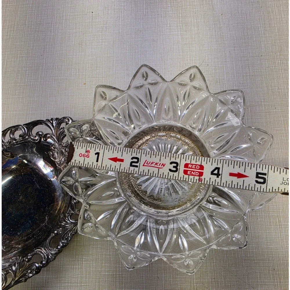 Vintage Footed Glass Trinket Bowl and Silver Tone Filigree Metal Dish Set